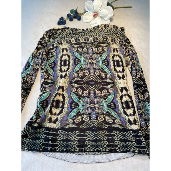 Nic &  & Zoe Abstract Print Long Sleeve V-Neck Top Size M Stretch Knit Y2K - Picture 2 of 7
